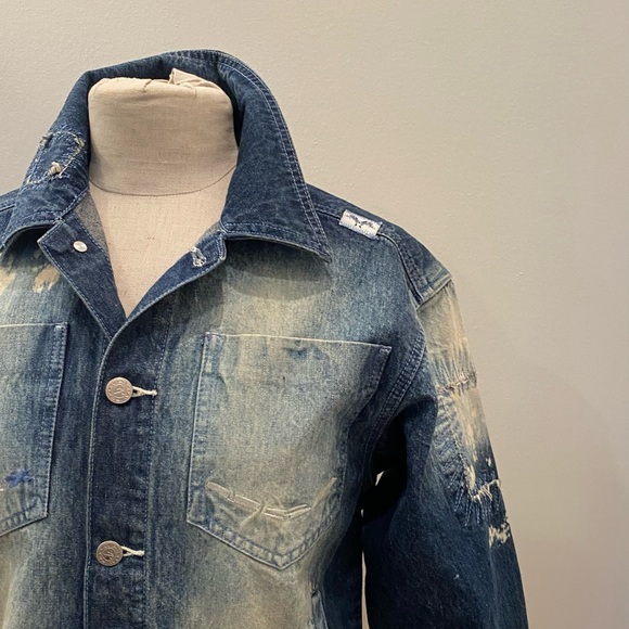 Avirex Distressed Stonewashed Denim Jean Jacket w Embroidery / Stitching / M - Picture 5 of 16